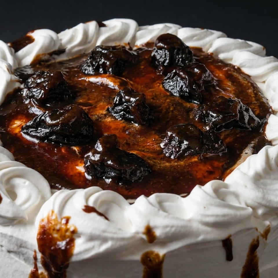 Round cake covered in white whipped cream, glossy chocolate sauce, and dark chocolate pieces on a black plate.