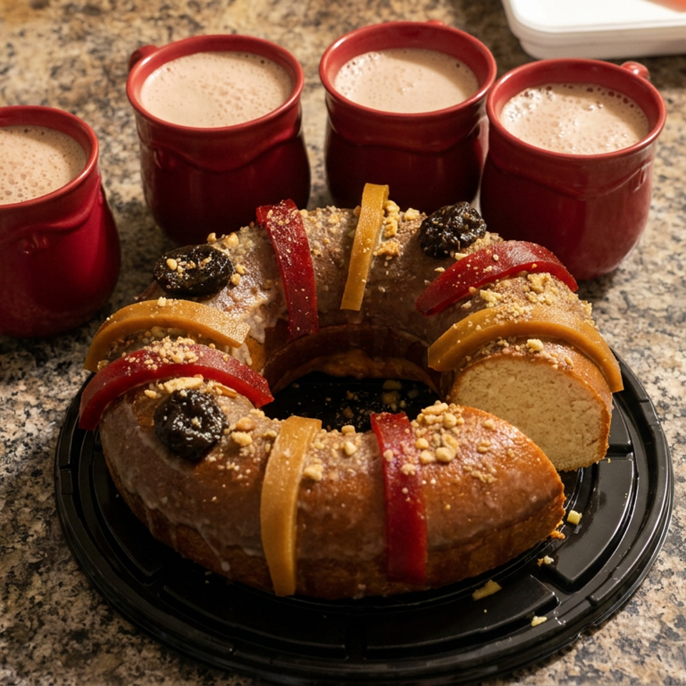 Decorated ring-shaped pastry with colorful fruit and nut toppings beside three red mugs of frothy hot drinks on a granite countertop.