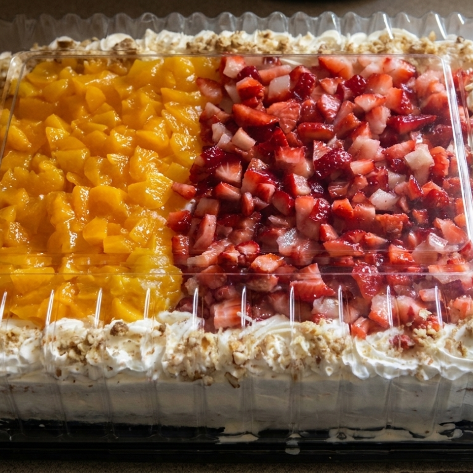 Rectangular whipped-cream cake topped with diced peaches and strawberries, surrounded by crushed nuts in a clear bakery container.