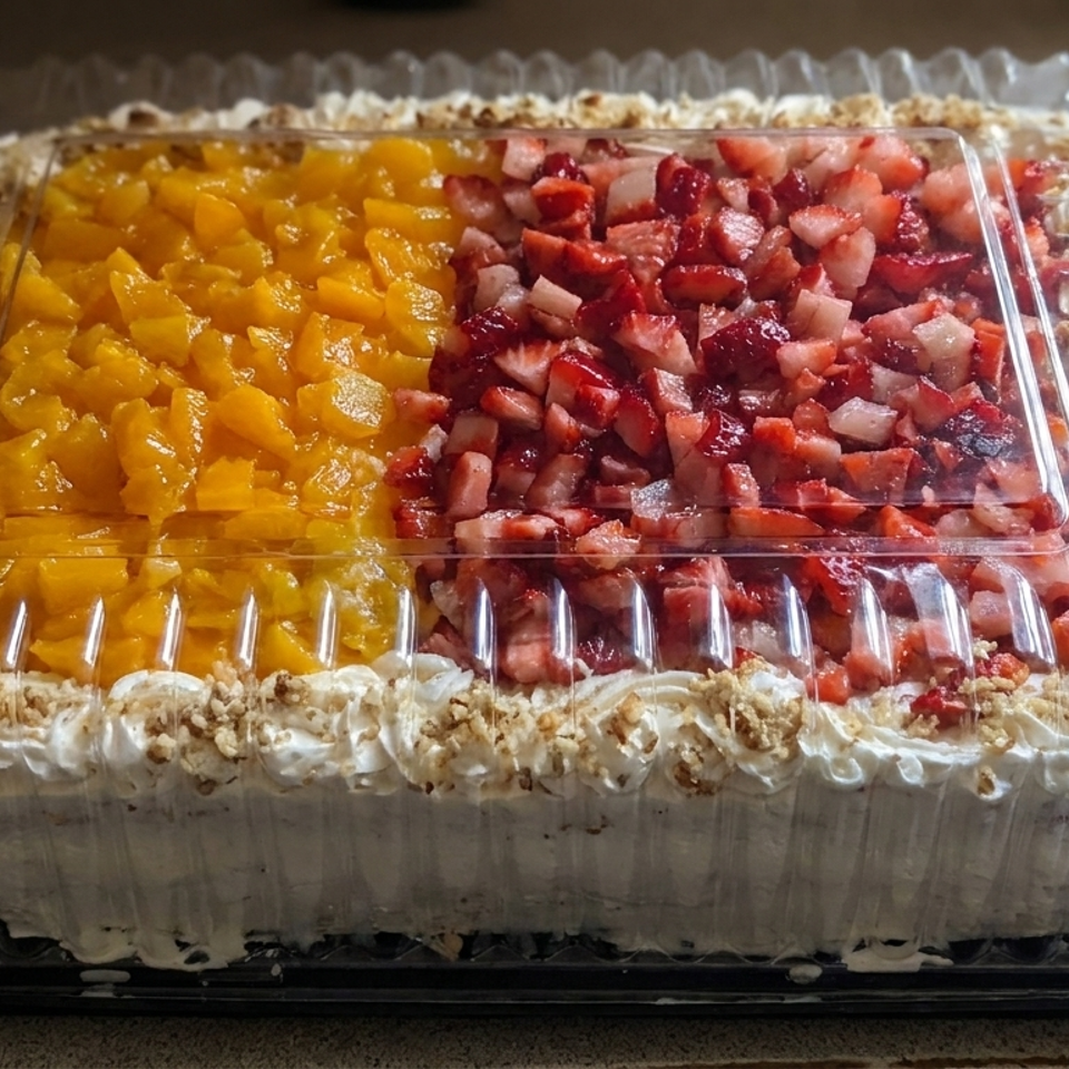 Rectangular frosted sheet cake topped with chopped yellow and red fruit, displayed in a clear plastic container.